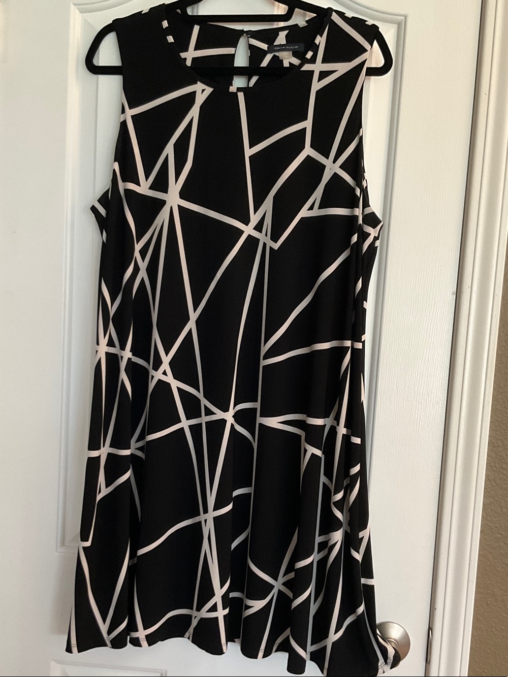 Sleeveless Black & White Geo Print A-Line Dress